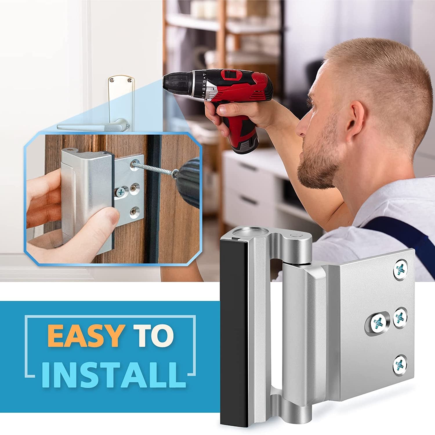 Home Security Door Reinforcement Lock - Safety Child Proof Door Locks with 8 Screws for Inward Swinging Front Doors, Extra Add a Top Lock inside Withstands 800 Lbs Deadbolt Latch, Guard Bedroom Patio