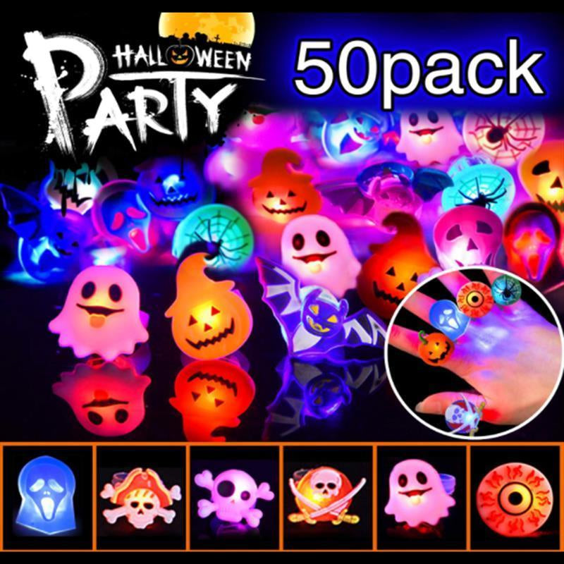 50Pcs Halloween Light up Rings Party Favors Light up Toys Luminous Flash Finger LED Ring Blinking Jelly Rubber Ring for Kids Adults Christmas Gifts Plastic Spooky