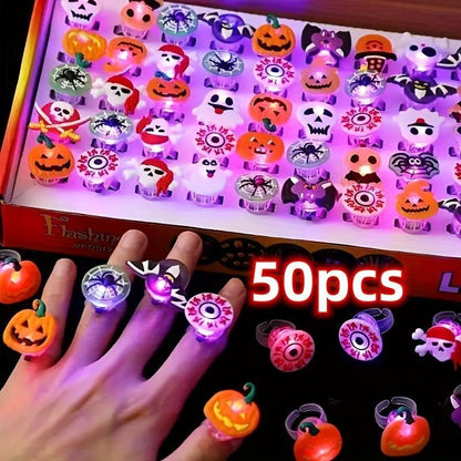 50Pcs Halloween Light up Rings Party Favors Light up Toys Luminous Flash Finger LED Ring Blinking Jelly Rubber Ring for Kids Adults Christmas Gifts Plastic Spooky