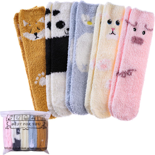 Womens Fuzzy Slipper Socks Animal Soft Warm Cute Microfiber Cozy Fluffy Winter Christmas Socks(5 Pairs Cute)